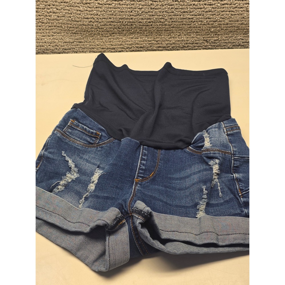 Song Maternity Distressed Denim Shorts Blue Medium Wash Full Belly Panel Small